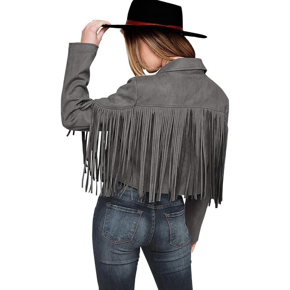 Women's Grey Fringe Faux Suede Leather Jackets Fall Fashion Tassel Motorcycle